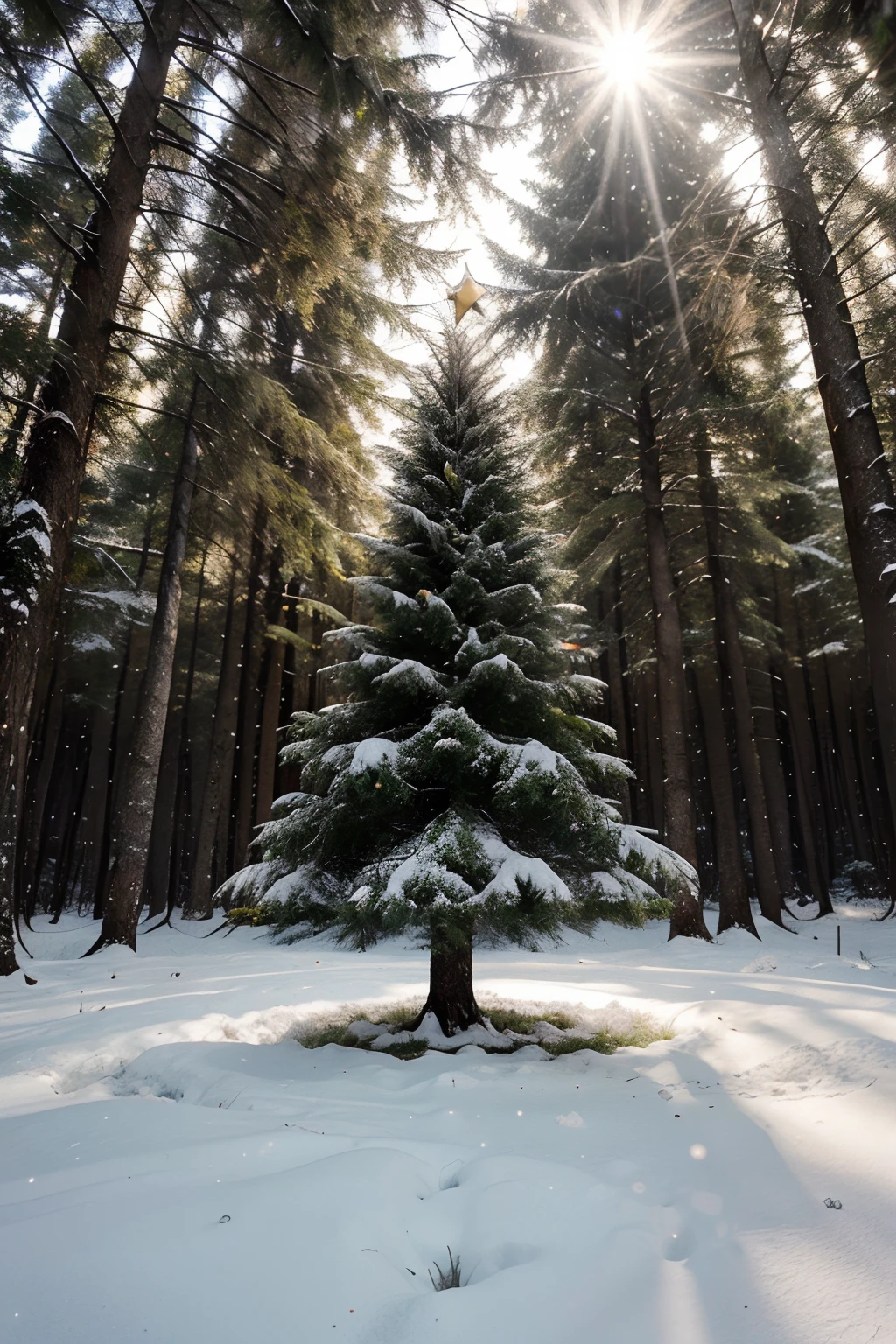 Create a print with elements of nature in a magical Christmas setting. Think Christmas Trees, animais da floresta, flocos de neve e estrelas brilhantes. Use tons de verde, White and silver to convey the feeling of an enchanted forest.
