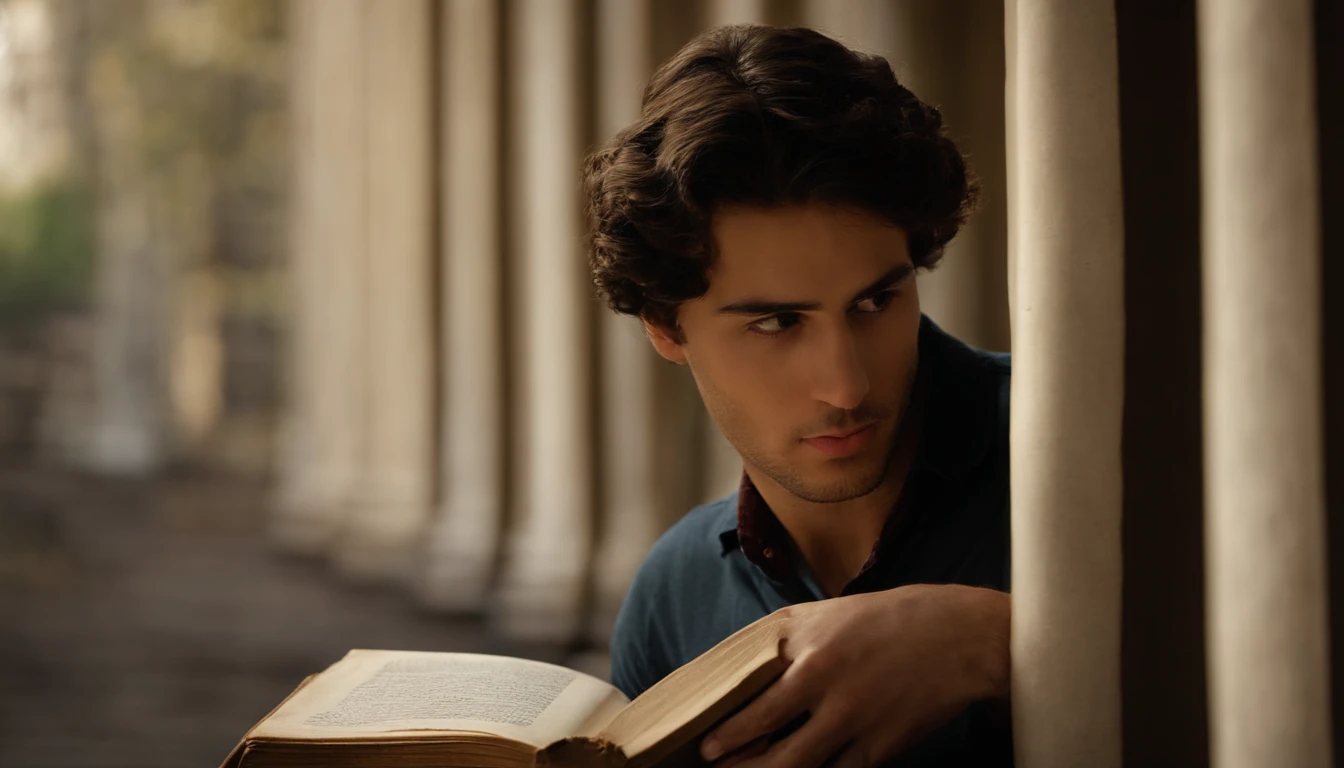 Foto realista de uma jovem homem em close-up, With a thoughtful expression and a faraway look, holding an old book by Baltasar Gracián, with the title '10 Phrases by Baltasar Gracián' engraved on the cover, e um fundo desfocado de uma biblioteca antiga.