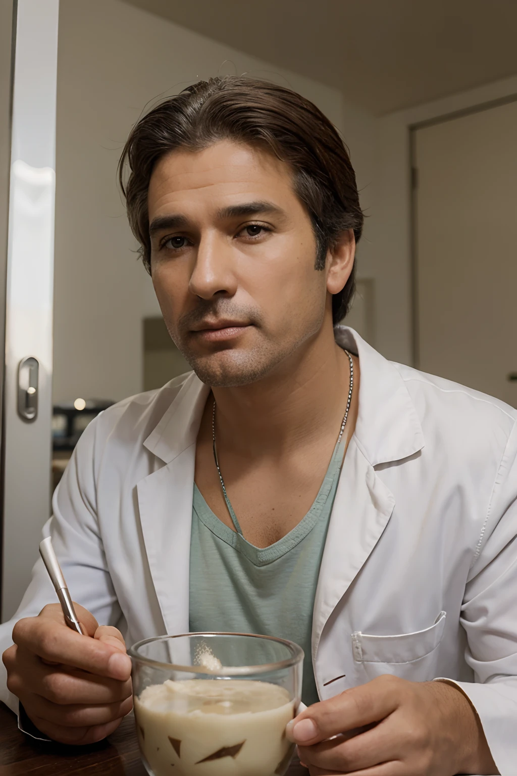 gere uma imagem de um medico segurando um frasco ou pote de remedio