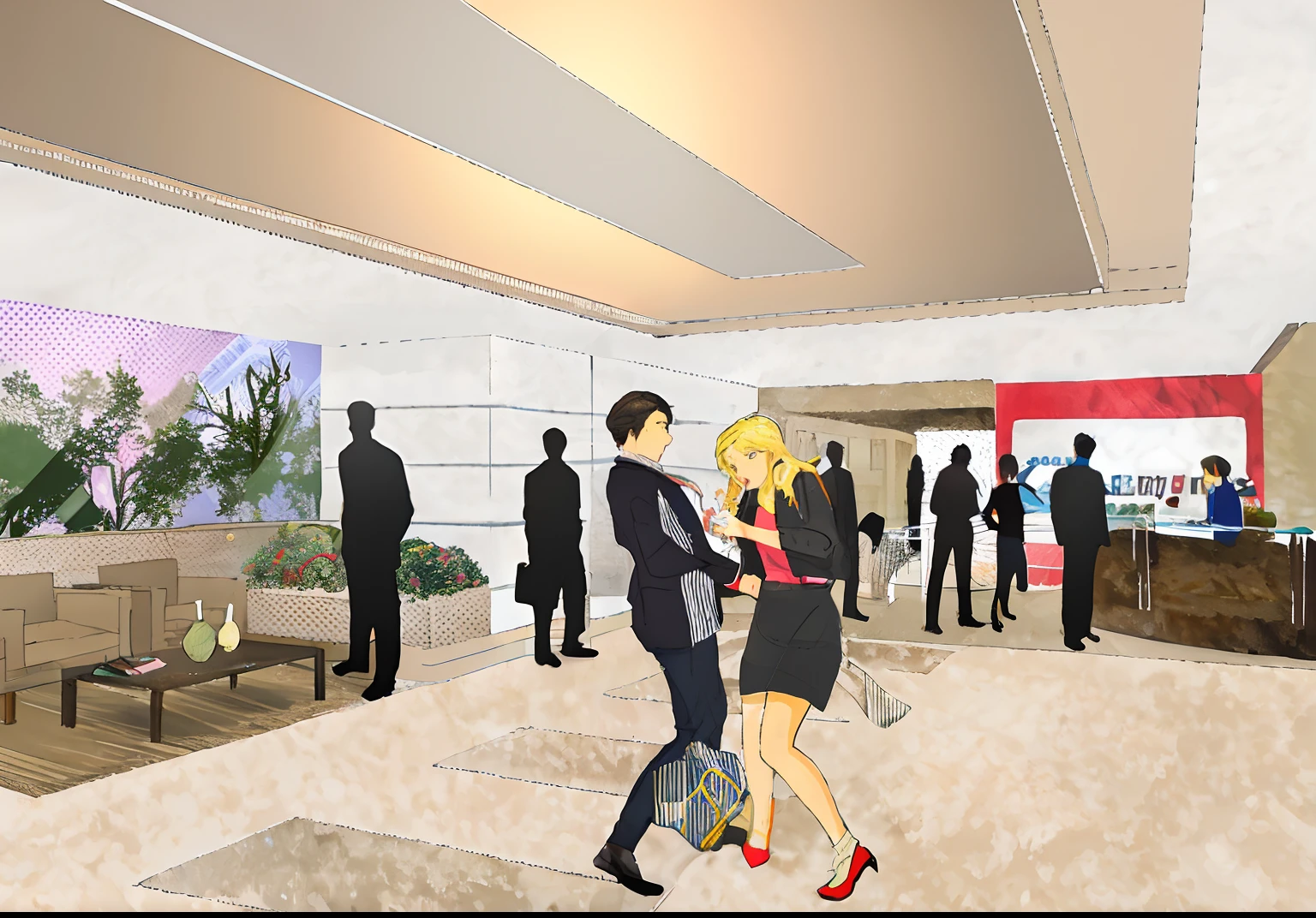 there are people walking in a lobby with a lot of people,Man and woman bump into each other in the center of the lobby, rendering, conceptual rendering, artistic impression, artists impression, commercial illustration, concept illustration, artist's impression, artist impression, digital rendering, proffesional illustration, exquisite rendering
