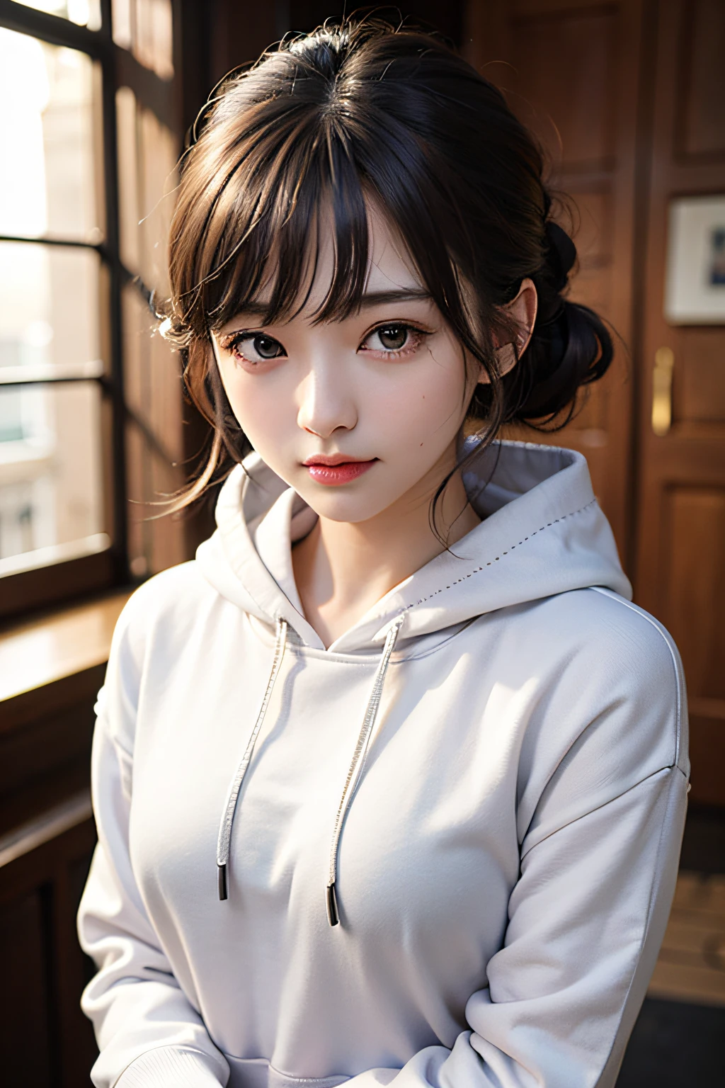 超A high resolution、​masterpiece、top-quality、
extra detailed face、A detailed eye、Very complex and、perfect glossy shiny skins、Perfect litthing、Detailed Lighting、Dramatic shadows、Ray traching、
1 girl in、The upper part of the body、Grey sweat hoodie、looking at the viewers、(A slight smil:0.4)