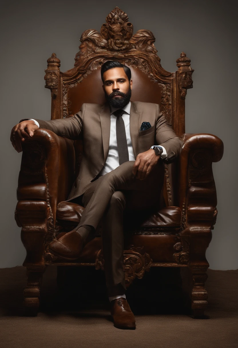 (a person:brown-skinned), (physically well-built),(sitting on a throne), (wearing a crown), (short beard), (well-dressed business attire), (soon)
