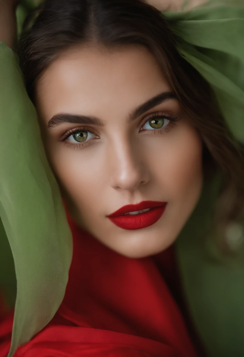 Belle jeune fille, (Dressed in a red dress), (dans un studio sur fond blanc), natural beauty, sans maquillage, Oriental and Latin type, la peau mate, avec un nez fin, grands yeux en amande vert et bouche pulpeuse. (The position of the body and face must be in front of us), (She has to look at the camera).