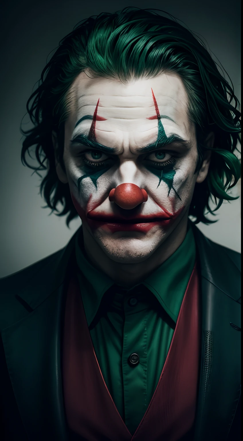 (8k, RAW photo, best quality, masterpiece:1.2), ultra detailed, official art, photo-realistic:1.37, upper body shot, DC Joker, film grain, action pose
