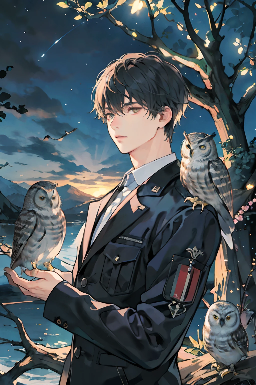 (((masterpiece))),best quality,illustration,beautiful detailed glow, night sky, owl, tree, 1 man
