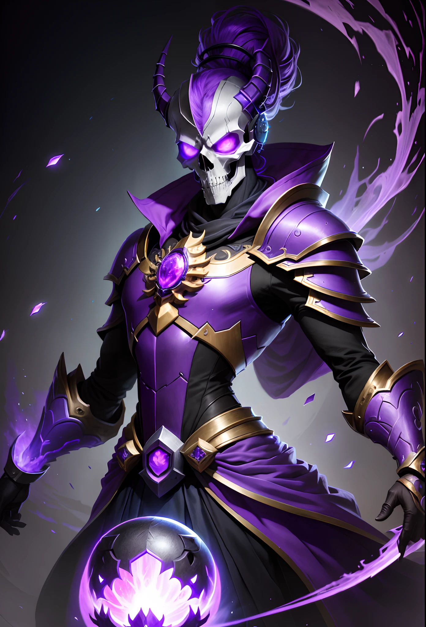 Photo of a skull wearing a purple robe and purple ball,The purple glowing core wears armor,League of Legends character,Nocturne for League of Legends,Popular on artstation。 league of legends arcane,splashart,Aurelion Sol,Skeleton Demon,style of league of legends,Inspired by Huang Shen,Extremely detailed artistic germ ، الألوان الصويا ظجواني احمر اسود ازرق