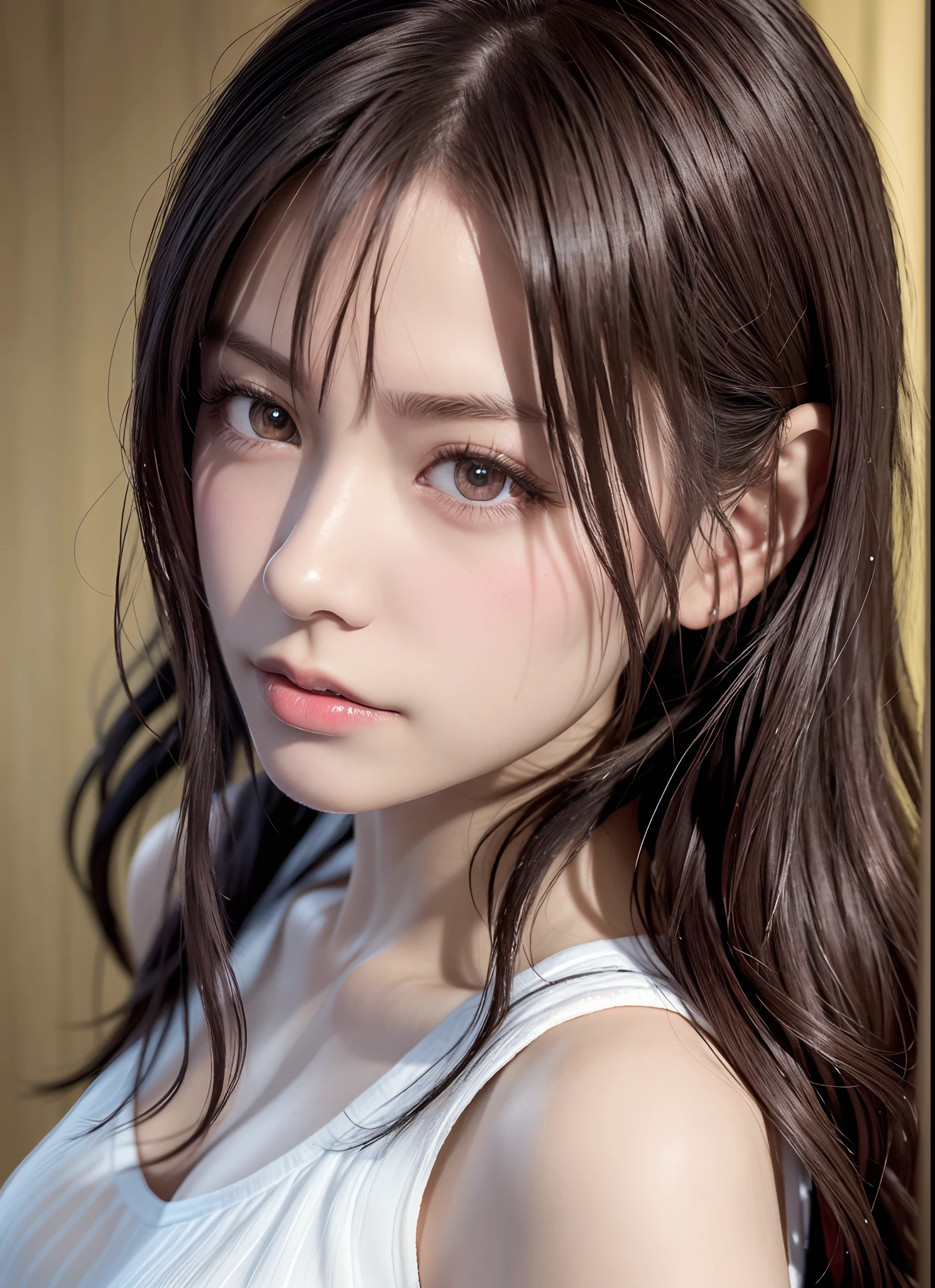 high quality picture, masutepiece, detailed hair texture, Detailed skin texture, Detailed Cloth Texture, 8K, Add fabric details, ultra detailed skin texture, ultra detailed photographic, Skin pores, Portrait of a girl, wearing tank top,