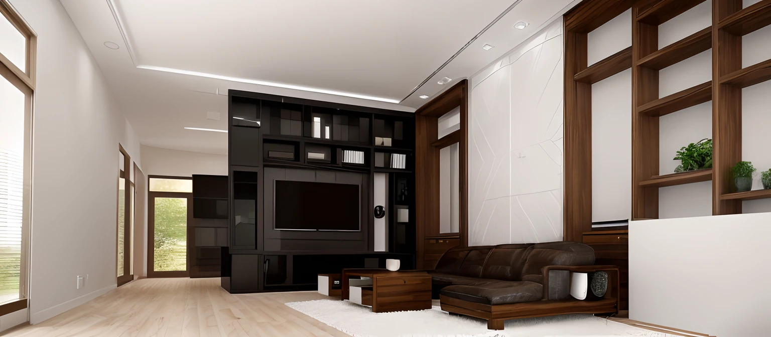 This is a photo realistic image of a modern living room with a minimalist design that uses white as the main color and combines with modern furniture details. The room has a high ceiling with recessed lighting that creates a spacious and airy feel. The floor is made of wood, bringing warmth to the space. The focal point of the room is the black built-in bookcase and entertainment center that adds an accent to the space. The sofa is a dark brown leather sectional with a wooden coffee table and a white  rug that adds luxury to the space. The room also has other furniture details such as a small table and a plant in the corner.
