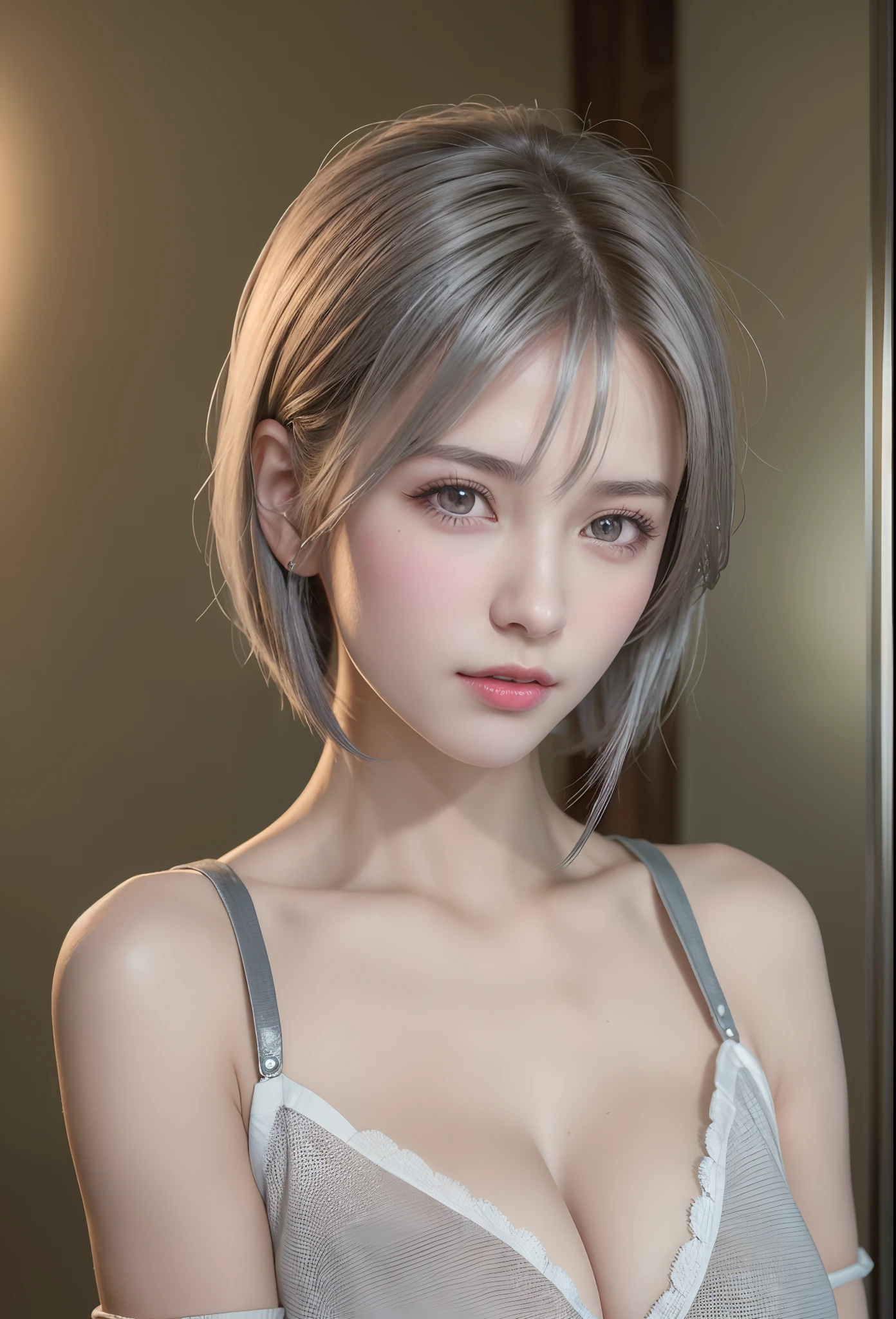 (8K, Photorealistic, Raw photo, of the highest quality: 1.3), (1girl in), Super beautiful, (Realistic face), (boyish, Silver Color Berry Shorthair), Beautiful , Glare that captivates the viewer, Beautiful expression, Beautiful breasts, (Realistic skin), Beautiful...