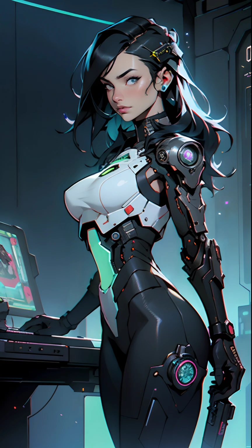 ((nsfw cyberpunk, Melhor Qualidade, Obra-prima)), (Muito detalhado:1.3), 3D, Bonito (((Cyberpunk, nsfw Hacker feminino, cabelo grosso, AFRICANA, trapos, sci-fi))), terminais de computador operacionais, servidores de computador, telas LCD, fibre optic cables, logotipos corporativos, HDR (High Dynamic Range), ray tracing, NVIDIA RTX, Super Resolution, Unreal 5, Espalhamento subsuperficial, texturas PBR, Post-processing, anisotropic filtering, Profundidade de campo, Maximum Sharpness and Sharpness, Texturas multicamadas,  Mapeamento especular e de albedo, surface shading, Precise simulation of light-material interactions, perfectly proportions, octane rendering, duotone lighting, ISO baixo, white-balance, rule of thirds, ampla abertura, 8K, high efficiency subpixels