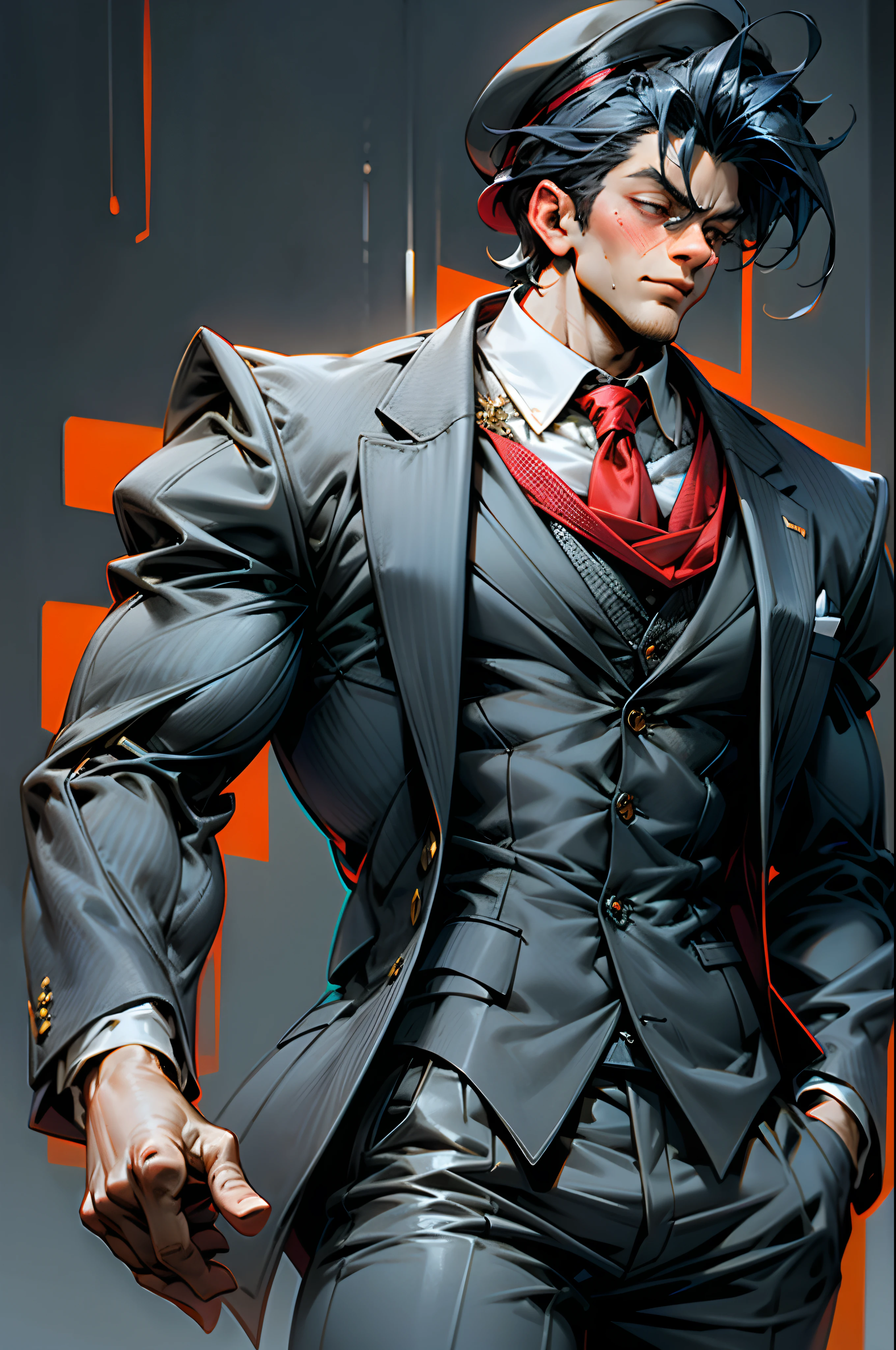Dark background, cool colors, muscular man in suit, red hat, elegant, broad shoulders, dark face, looking down, royal blue suit