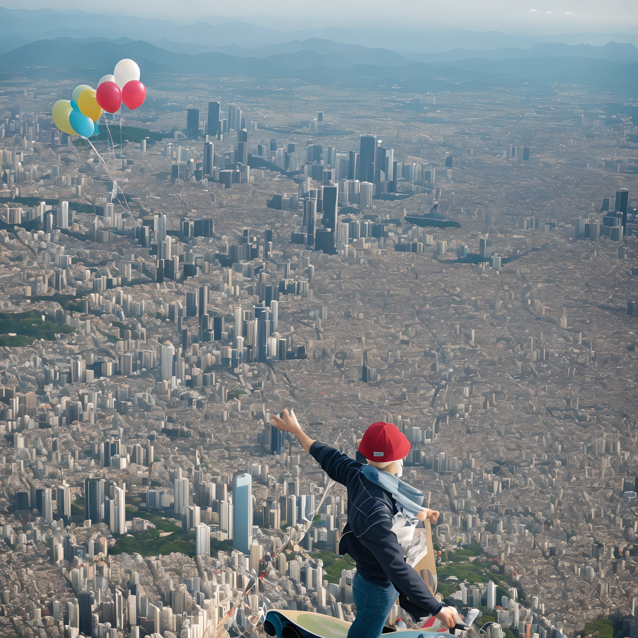 A man having a birthday and holding a cake with 34 candles in his hand and flying over Tokyo on a skateboard