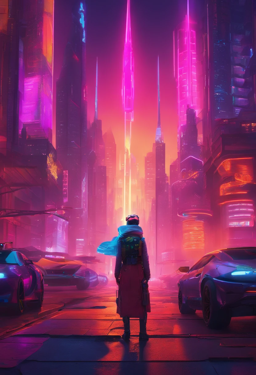 (a detailed painting) a cyberpunk scene with a Raposa character wearing virtual reality goggles. The character has bright, detailed eyes and an intricately designed face. The virtual reality goggles are futuristic, with a sleek and modern design. The Raposa character is dressed in futuristic clothing, with a combination of dark colors and neon accents. The scene is set in a neon-lit cityscape with towering skyscrapers and flying vehicles. The atmosphere is filled with a mix of smoke and haze, creating a sense of mystery and intrigue. The lighting is dramatic, with bright neon lights casting vibrant colors onto the character and the surrounding environment. The overall color tone of the scene is dark and moody, with a blend of deep blues and vibrant pur