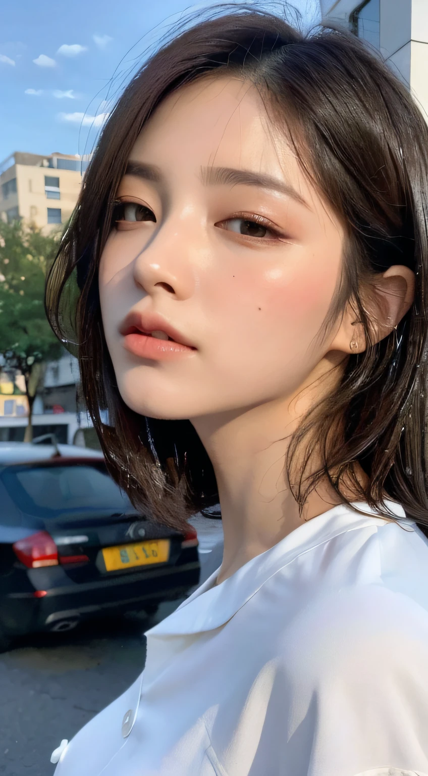 ((Best Quality, 8K, Masterpiece: 1.3)), Sharp: 1.2, Perfect Body Beauty: 1.4, Slim Abs: 1.2, ((Layered Hairstyle, Big Breasts: 1.2)), (Wet White Button Long Shirt: 1.1), (Rain, Street: 1.2), Wet: 1.5, Highly detailed face and skin texture, detailed eyes, double eyelids, side face looking at the camera