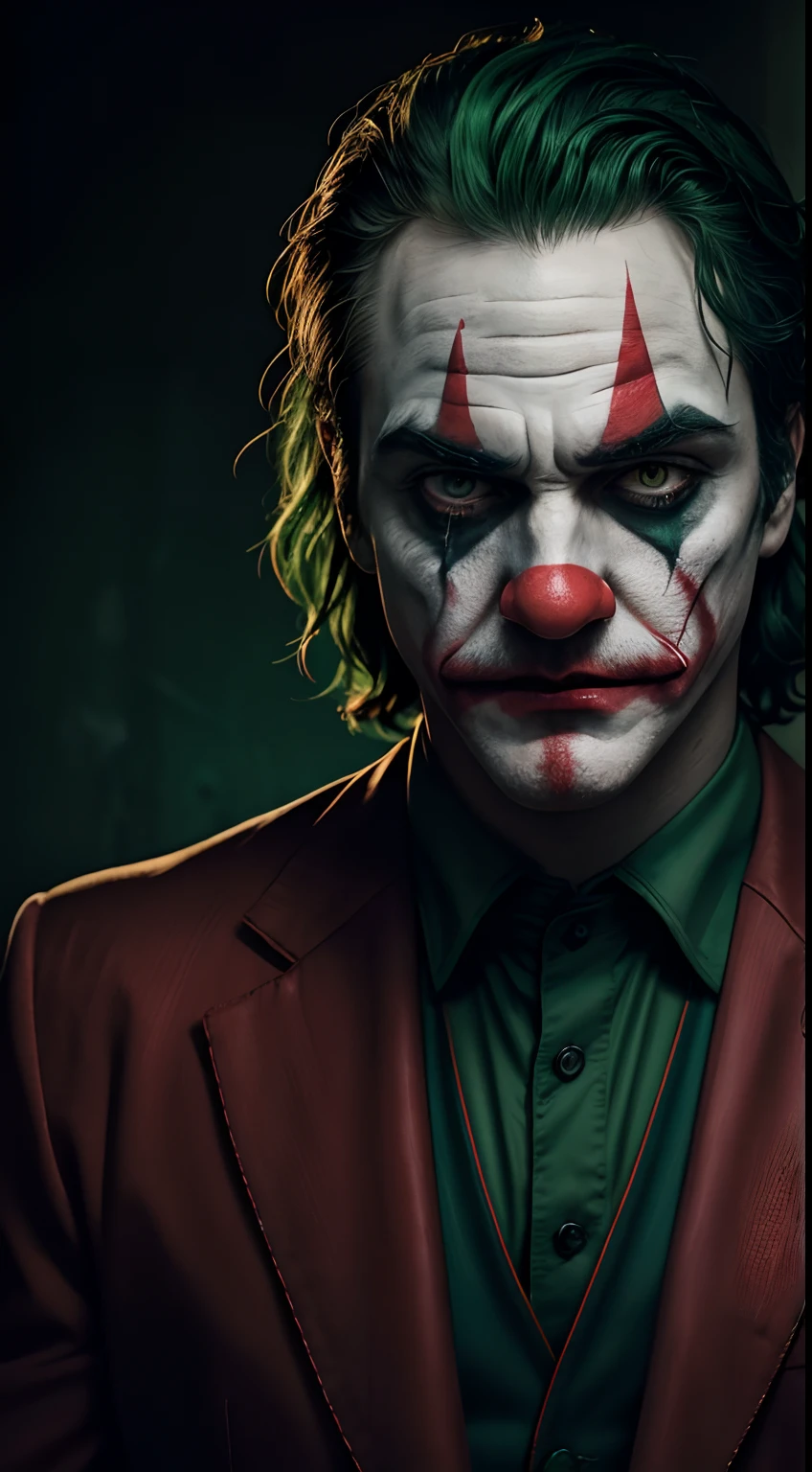 The Joker's face in an image seen against a background in the streets of Gotham with fire on a rainy night, on his face facial features of actor Heath Ledger, focusing on his intense look with penetrating brown eyes, prominent pale and thin cheekbones, with a light and macabre smile, as if planning his next move, the overall setting is dark and threatening, with subtle touches of gradient shadows on the face, enhancing the sinister atmosphere.