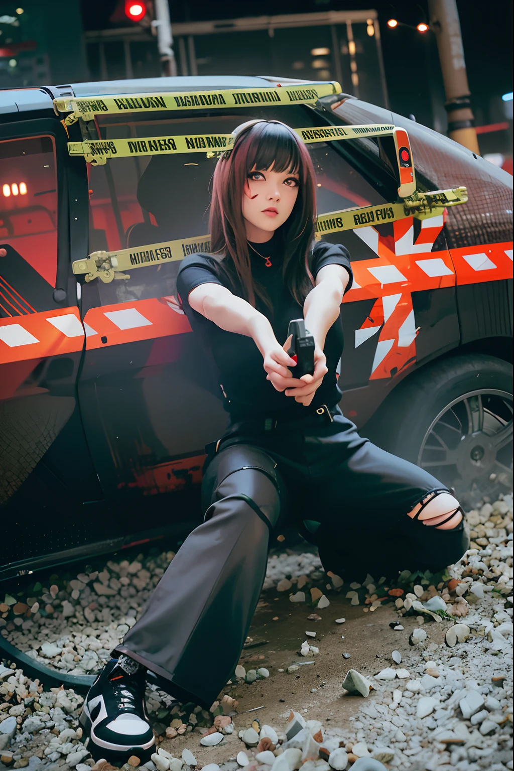 There was a woman sitting on the ground with a gun, Anime style mixed with Fujifilm, with pistol, E-Girl, e - girl, cyber punk style, photoshoot poses, Shot on a Canon EOS R5, shot on canon eos r 5, cyberpunk style outfit, cyberpunk photo, Cyberpunk 2 0 y. o model girl, 2 d cg, wearing cyberpunk streetwear