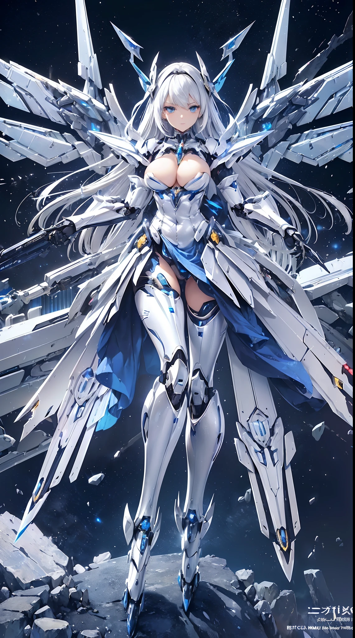 ((masutepiece:1.2)), ((Highest Quality)), (Ultra High Resolution), detailed skin texture, detailed metal texture, detailed cloth texture, superfine illustration, ((Highly detailed face)), Raw photo, Professional, Ultra-fine painting, Perfect Anatomy, real, (Solo), ((Beautiful woman dressed as a mecha angel)), Beautiful breasts, concept-art, (Battle Pose), Detailed Science Fantasy Art, (Beautiful and shiny silver hair), ((with large beautiful highly detailed mechanical wings)), (Beautiful blue eyes), (Detailed beautiful eyes:1.6), (mecha:1.6)Sleek and menacing design, (action pose), (Highly detailed marshal pearl white and sapphire blue heavy weapon long-range attack armed armor dress:1.2), Starry sky, no robot, (NSFW)