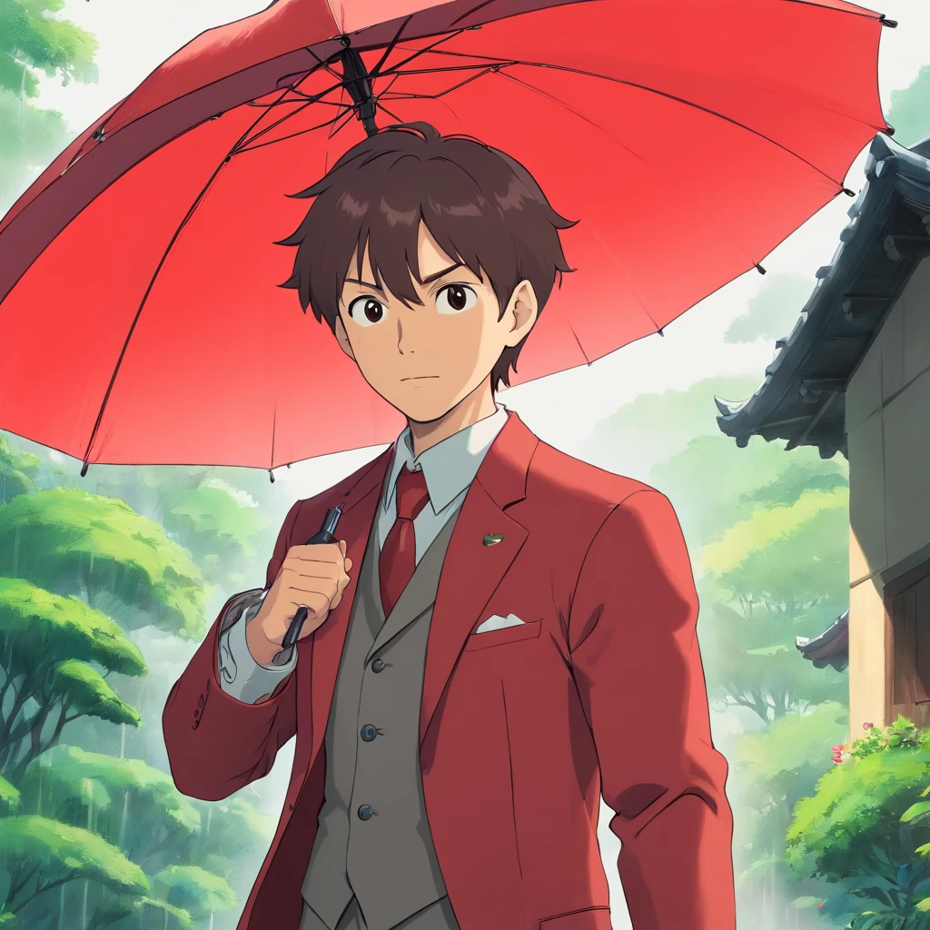 40-year-old middle-aged man，holding a umbrella，Short hair suit，Front view，without background。The man is dressed all in red，shot from a far distance，full bodyesbian