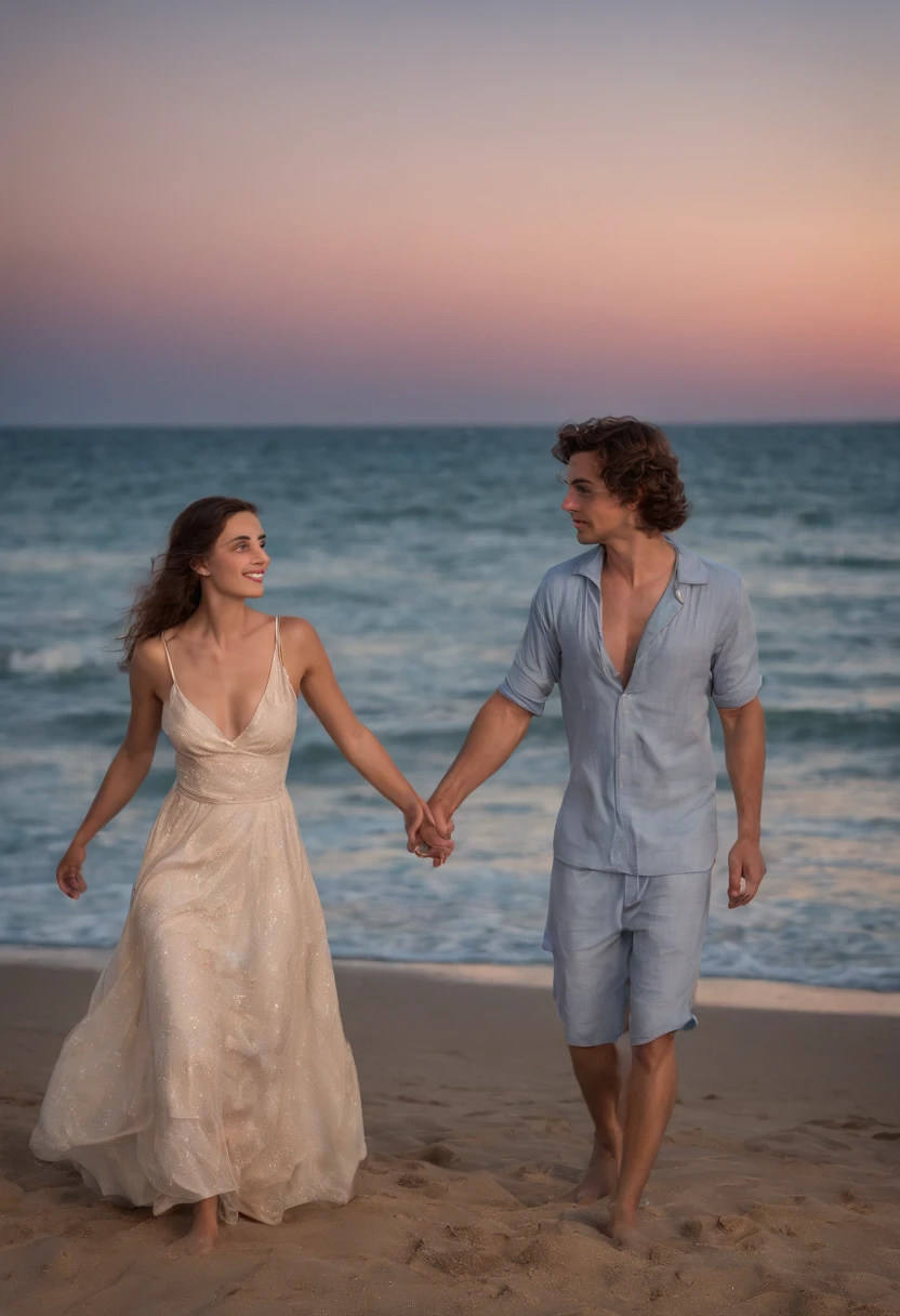 The cover features a nighttime image of a seaside beach. The sky is dark, But there's stars shining and a crescent moon. Na praia, There are two characters, Julia e Romeo. They are holding hands, Looking at each other with loving expressions. Julia is wearing a light dress, and Romeo holds a set of paint brushes. Ao redor deles, There are red rose petals. The title "Drifting Hearts" It's written in pretty letters at the top of the cover, em uma cor dourada.