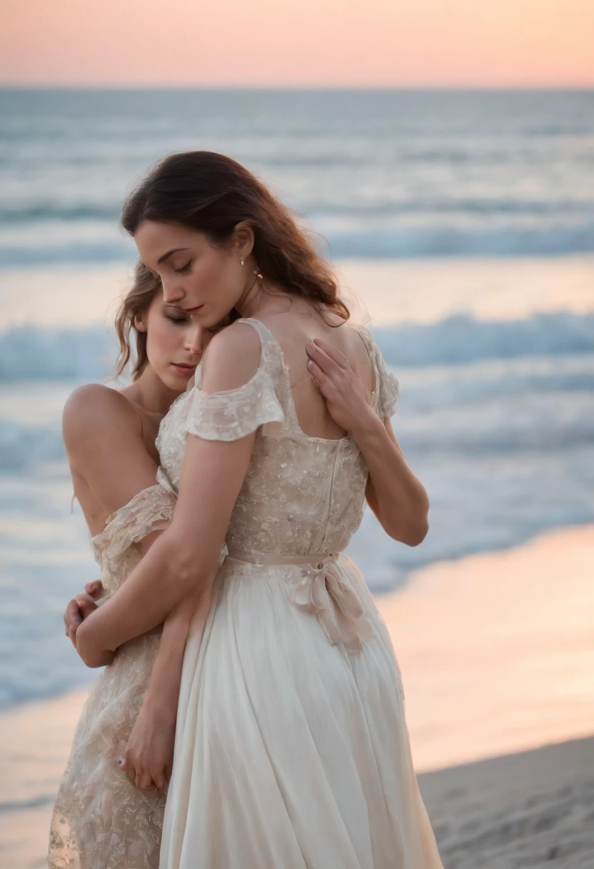The cover features a nighttime image of a seaside beach. The sky is dark, But there's stars shining and a crescent moon. Na praia, There are two characters, Julia e Romeo. They are holding hands, Looking at each other with loving expressions. Julia is wearing a light dress, and Romeo holds a set of paint brushes. Ao redor deles, There are red rose petals. The title "Drifting Hearts" It's written in pretty letters at the top of the cover, em uma cor dourada.