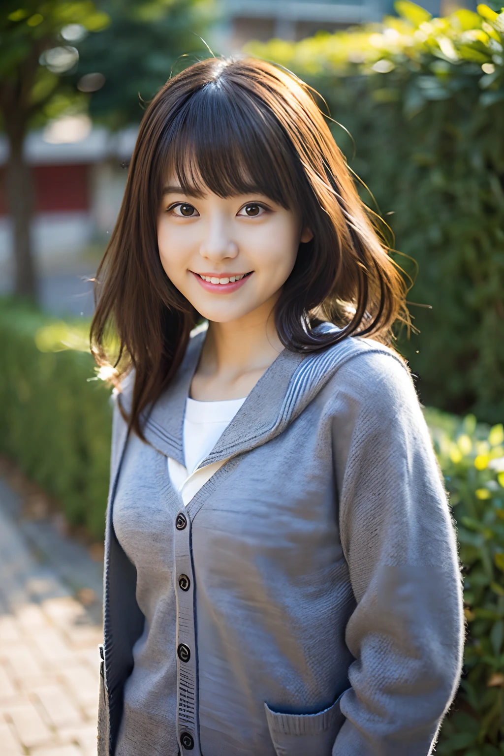 (8K、Raw photography、top-quality、masterpiece:1.2)、(realisitic、Photorealsitic:1.37)、ultra-detailliert、超A high resolution、女の子1人、see the beholder、beautifull detailed face、A smile、Constriction、(Slim waist) :1.3)、Beautiful detailed skin、Skin Texture、floated hair、profetional lighting、 (Face like an idol), Incredibly absurd, (cuteness: 1.3), bangss、、(Sailor school uniform and gray cardigan:1.5)、(Enjoy a walk with viewers:1.2)、Lover's perspective:1.3、