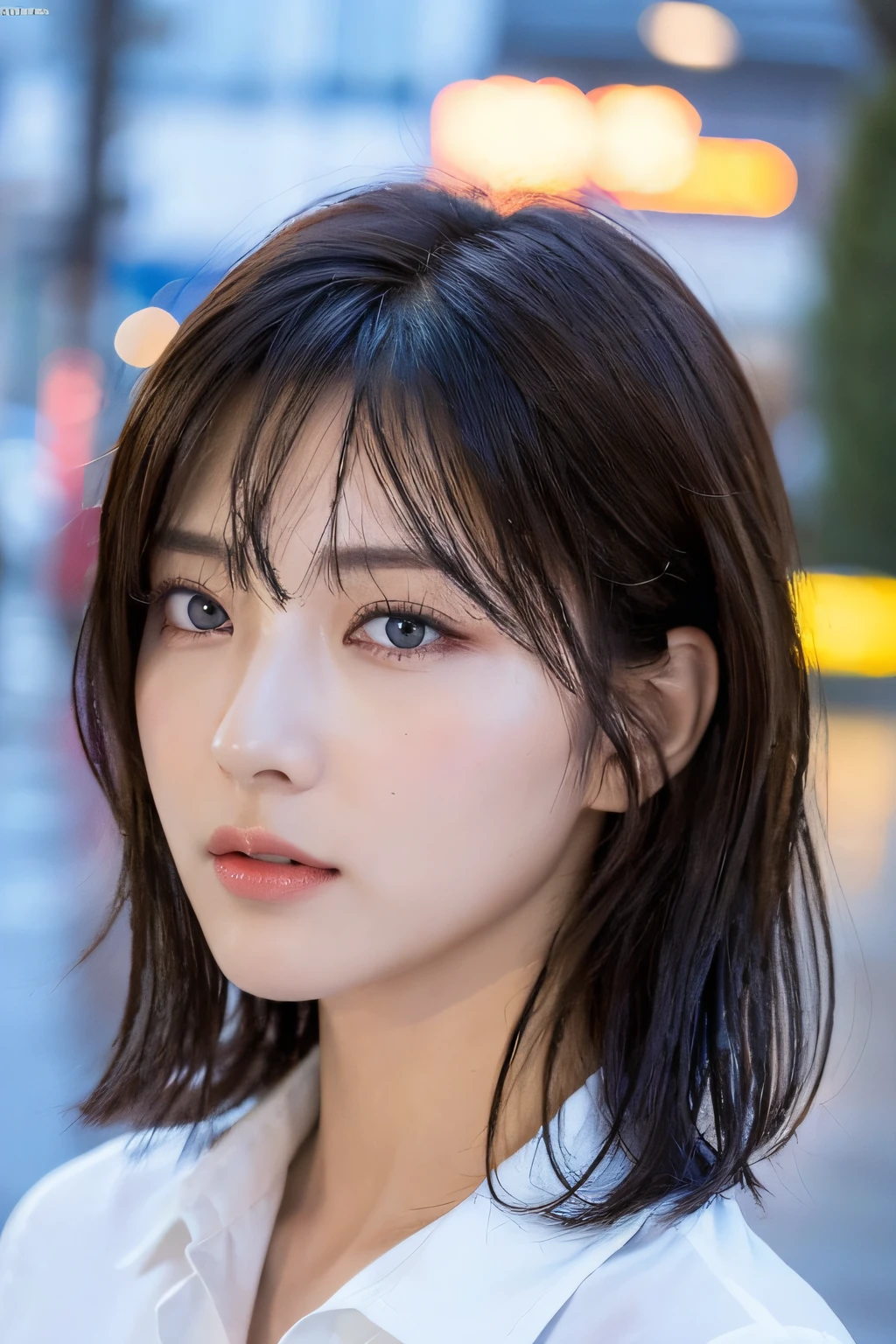 ((Best Quality, 8K, Masterpiece: 1.3)), Sharp: 1.2, Perfect Body Beauty: 1.4, Slim Abs: 1.2, ((Layered Hairstyle, Big Breasts: 1.2)), (Wet White Button Long Shirt: 1.1), (Rain, Street: 1.2), Wet: 1.5, Highly detailed face and skin texture, detailed eyes, double eyelids, side face looking at the camera