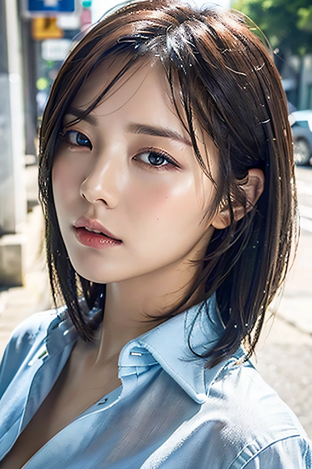 ((Best Quality, 8K, Masterpiece: 1.3)), Sharp: 1.2, Perfect Body Beauty: 1.4, Slim Abs: 1.2, ((Layered Hairstyle, Big Breasts: 1.2)), (Wet White Button Long Shirt: 1.1), (Rain, Street: 1.2), Wet: 1.5, Highly detailed face and skin texture, detailed eyes, double eyelids, side face looking at the camera