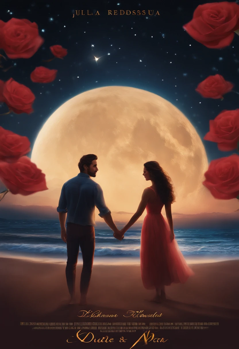 The cover features a nighttime image of a seaside beach. The sky is dark, But there's stars shining and a crescent moon. Na praia, There are two characters, Julia e Romeo. They are holding hands, Looking at each other with loving expressions. Julia is wearing a light dress, and Romeo holds a set of paint brushes. Ao redor deles, There are red rose petals. The title "Drifting Hearts" It's written in pretty letters at the top of the cover, em uma cor dourada.