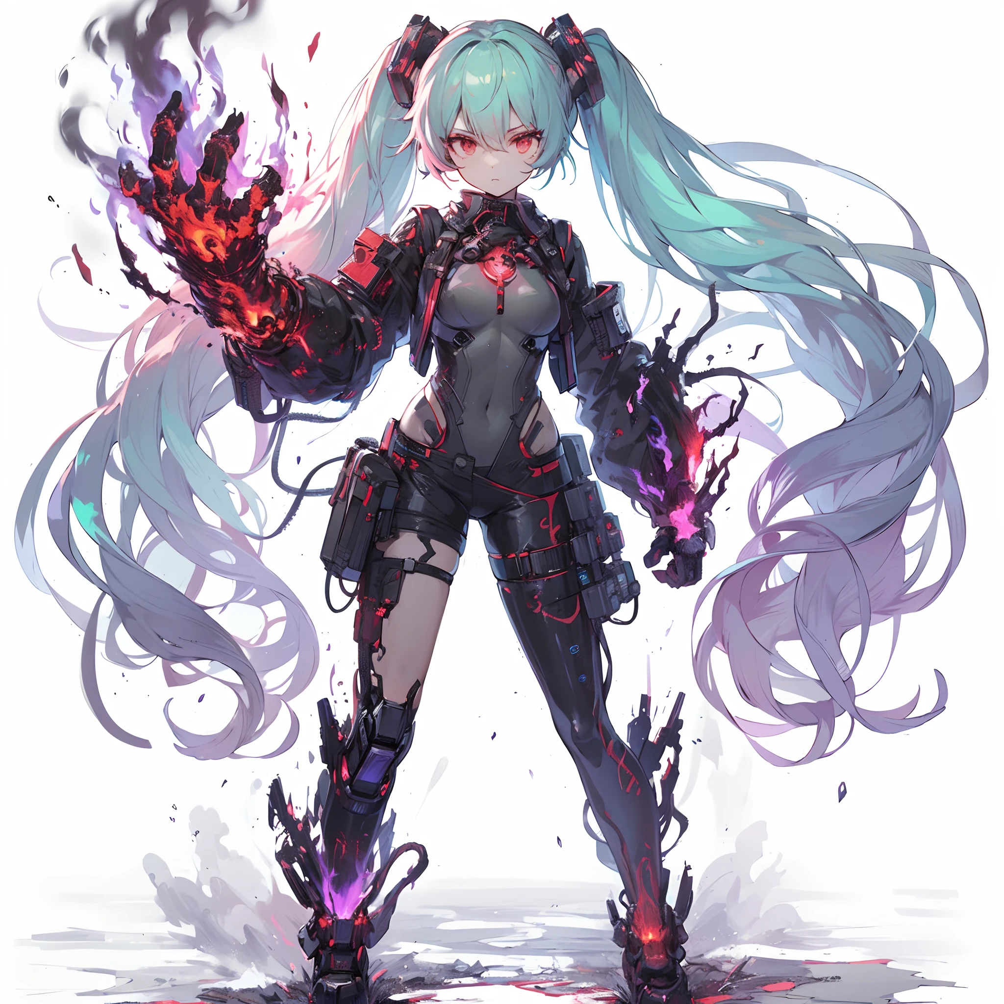 (masutepiece), (Perfect athlete body:1.2), Anime style, Full body, Cyberpunk Girl, Sea green twin hairstyle with red eyes, Wearing a Cyber Costume, Black and Purple Flaming Fist, Burnt mechanical limbs, Standing in the wasteland, Flame burning in the chest, White background, Whole body,A triumphant smile