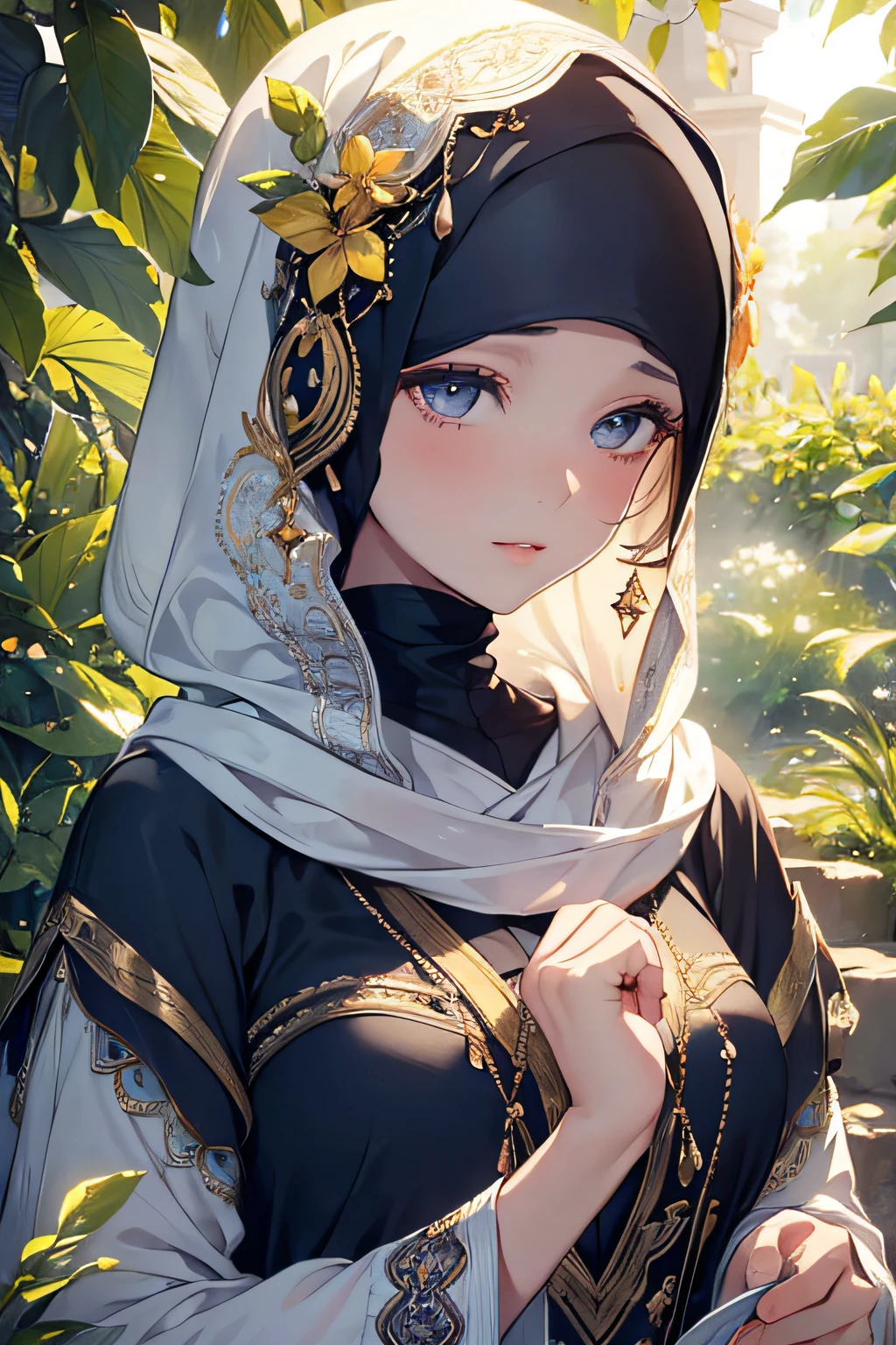 (best quality,4k,8k,highres,masterpiece:1.2),ultra-detailed,(realistic,photorealistic,photo-realistic:1.37),portraits,hijab,garden,beautiful detailed eyes,beautiful detailed lips,extremely detailed face,long eyelashes,soft and natural lighting,vibrant colors,flowing fabrics,serene atmosphere,peaceful expression,feminine pose,botanical elements,inspiring and tranquil setting,subtle textures,A girl dressed in an elegant hijab standing gracefully in a vibrant garden. She has beautiful, detailed eyes and lips that exude calmness and serenity. Her face is extremely detailed, highlighting the intricate features and long eyelashes. The garden surrounding her is filled with lush greenery, blooming flowers, and a variety of botanical elements. The lighting is soft and natural, casting a gentle glow on her face. The colors in the scene are vibrant and visually striking, creating a captivating visual experience. The hijab she wears is flowing and elegant, adding a touch of grace to her appearance. The overall atmosphere is peaceful, inspiring, and tranquil, creating a sense of harmony and beauty. Subtle textures add depth and richness to the image, enhancing the realism. This masterpiece of a portrait captures the essence of femininity, empowerment, and tranquility in a stunning and captivating manner.