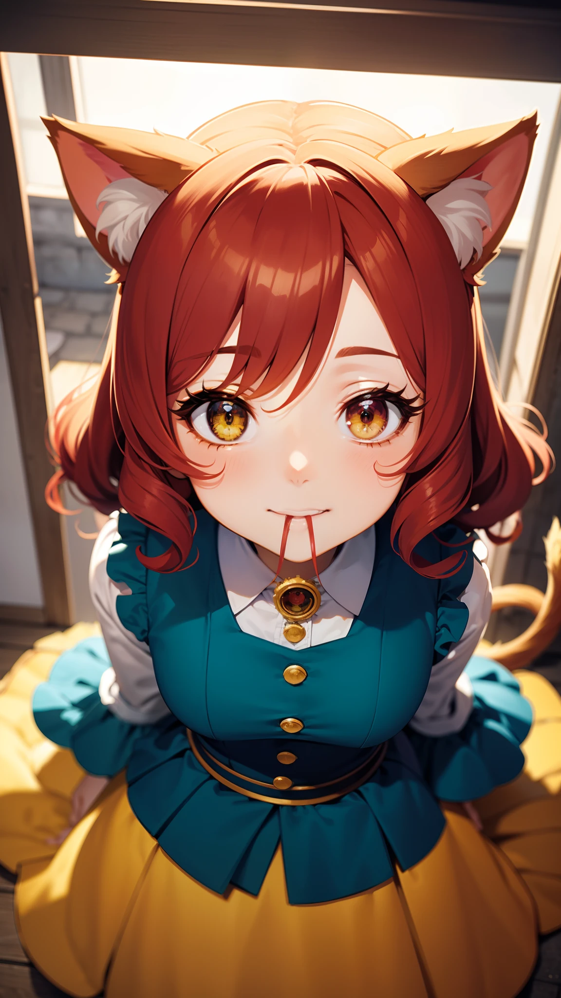 Ghibli-like colours, bloom, backlighting, blending, optical illusion, from above, masterpiece, high quality, 1080p, medium portrait of a cart woman, anime style, with curly red hair, cat ears, with a vintage dress, yellow cat eyes, mouth open in a big smil...