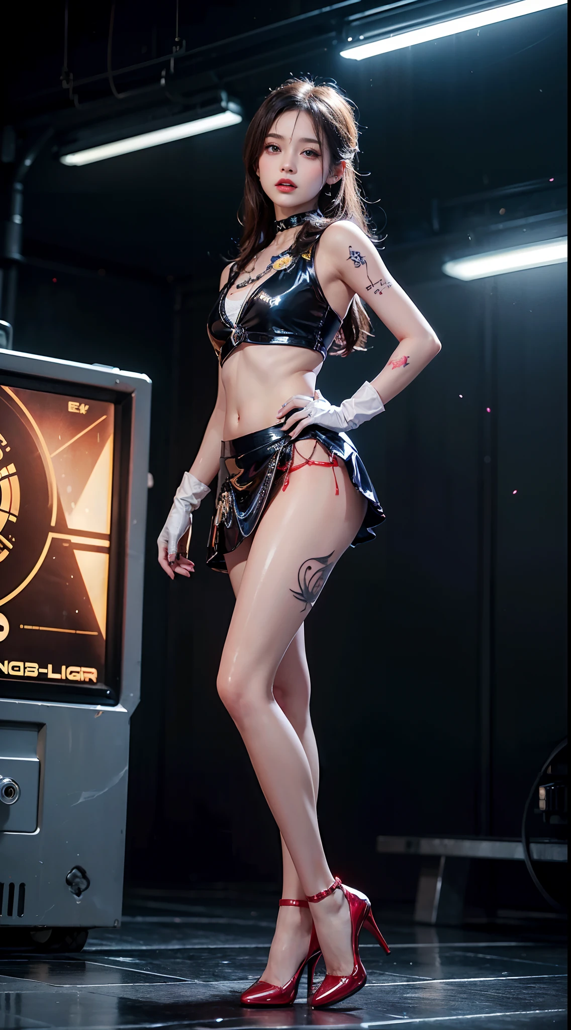 ((masterpiece:1.4)、(top-quality:1.4)、(reallistic:1.7))、masuter piece:1.4、(Top-of-the-line rendering)、(Female SWAT member of the 73rd Subdivision of the Space Federation:1.4)、Super Beautiful Investigator、Body Fit Sexy Investigator Uniform、(Glossy luxury latex:1.4)、(Navy blue sleeveless uniform jacket)、(Underwear White Sexy Super Ultra Bikini)、(Luxury Red Latex Sprays Ultra Mini Skirt:1.4)、22year old、(Cute tattoos:1.4)、(Wearing white gloves)、Kawaii Girl、Super beauty、foco nítido、Portrait photos、(Perfect female body:1.4)、perfectly proportions、Upper body photography:1.4、beautiful countenance、Fearless look、beautidful eyes、Narrow waist、beauty legs、(length hair:1.2)、Beautiful udder、large full breasts:1.2、Sexy ass、Raw photo、red-lips、Red high heels:1.4、a choker:1.4、a necklace:1.4、耳Nipple Ring:1.4、1 screen display、cyberpunkcity:1.2