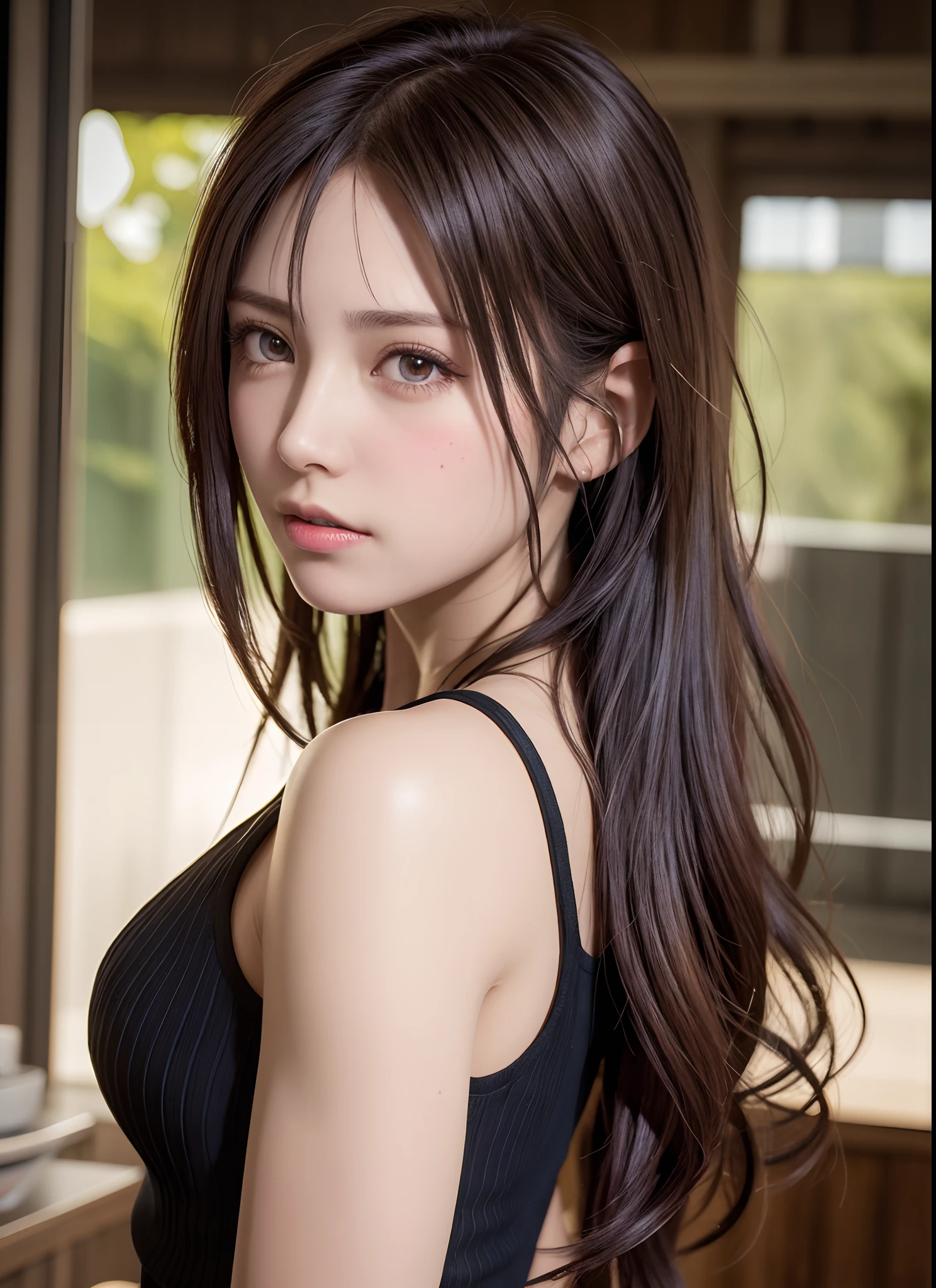 high quality picture, masutepiece, detailed hair texture, Detailed skin texture, Detailed Cloth Texture, 8K, Add fabric details, ultra detailed skin texture, ultra detailed photographic, Skin pores, Portrait of a girl, wearing tank top,