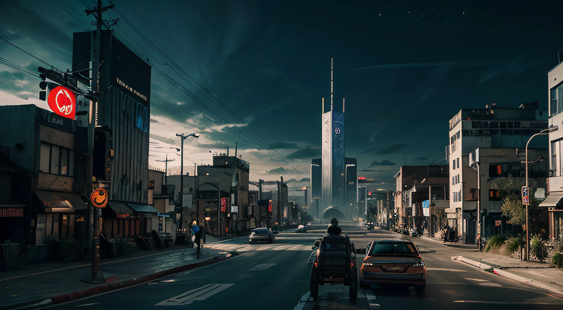 una ciudad ciberpunk futurista, con paredes con muchos grafitis