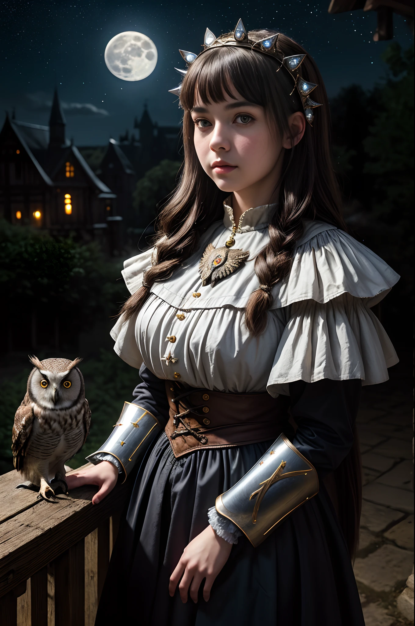 "RAW photo, best, masterpiece, best quality, high quality, extremely detailed, a very cute girl from medieval times with an owl on her shoulder, dressed in period clothing, it is night, there is a full moon and many stars."