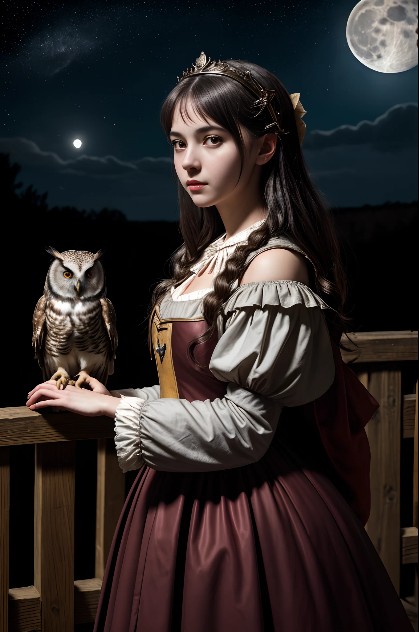 "RAW photo, best, masterpiece, best quality, high quality, extremely detailed, a very cute girl from medieval times with an owl on her shoulder, dressed in period clothing, it is night, there is a full moon and many stars."