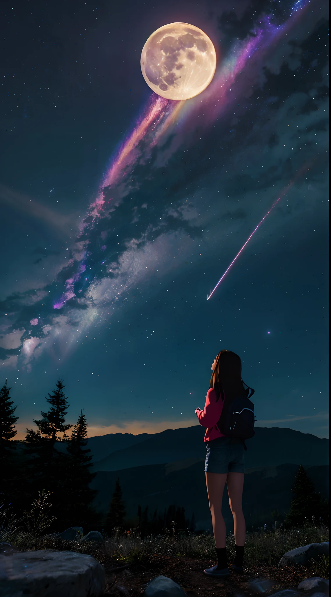 Expansive landscape photograph, (view from below with a view of the sky and wilderness below), (long-sleeved top, denim shorts, carrying a backpack), (dynamic pose:1.3, black eyes, black hime-cut long hair, sparkling girl)[:0.8] standing in a flower field looking up, (full moon: 1.2), (shooting star: 0.9), (nebula: 1.3), distant mountain, tree break production art, (warm light source: 1.2), (firefly: 1.2), lamp, purple and orange, intricate detail, volume lighting, realism break (masterpiece: 1.2) (Best Quality), 4K, Ultra-Detailed, (Dynamic Configuration: 1.4), Highly Detailed and Colorful Details, (Iridescent Colors: 1.2), (Glowing Lighting, Atmospheric Lighting), Dreamy, Magical, (Solo: 1.2)
