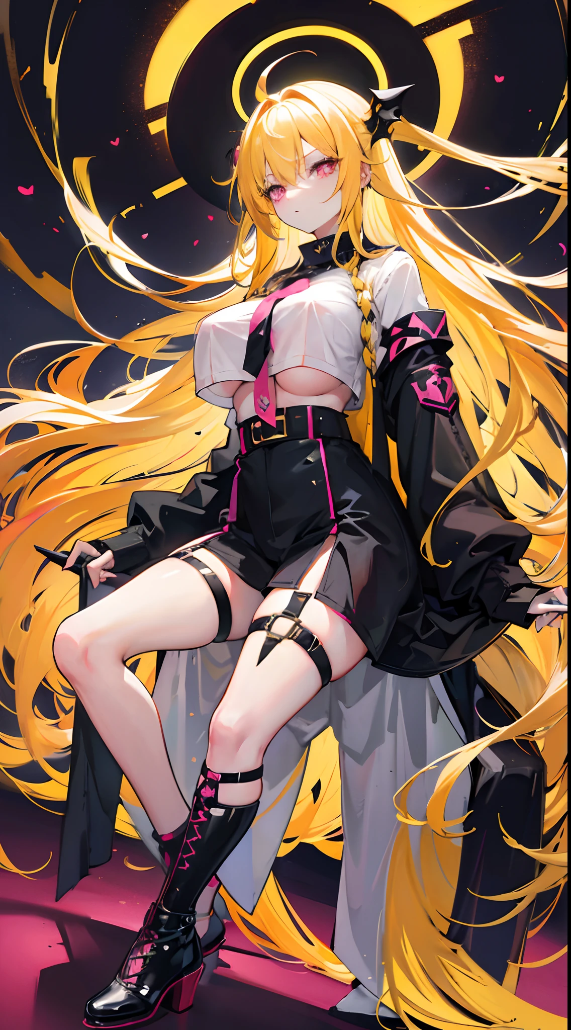 Long dark yellow hair，Pink eyes，Loving pupils，Wide black short sleeves，huge tit，Tattooed with，Black  shorts，Tall girl，black lence stockings，A bad age girl，The eyes are shining，high light，a warm color palette，