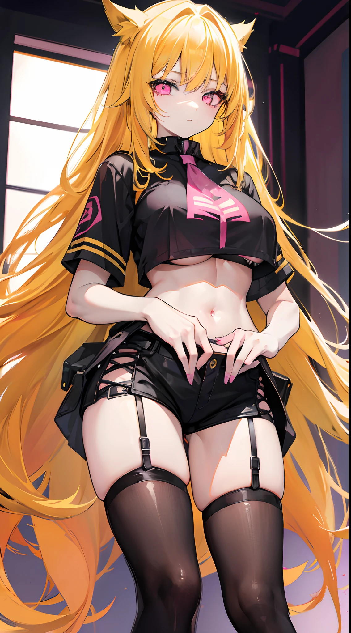 Long dark yellow hair,Pink eyes,Loving pupils,Wide black short sleeves,huge tit,Tattooed with,Black shorts,Tall girl,black lence stockings,A bad age girl,The eyes are shining,high light,a warm color palette,