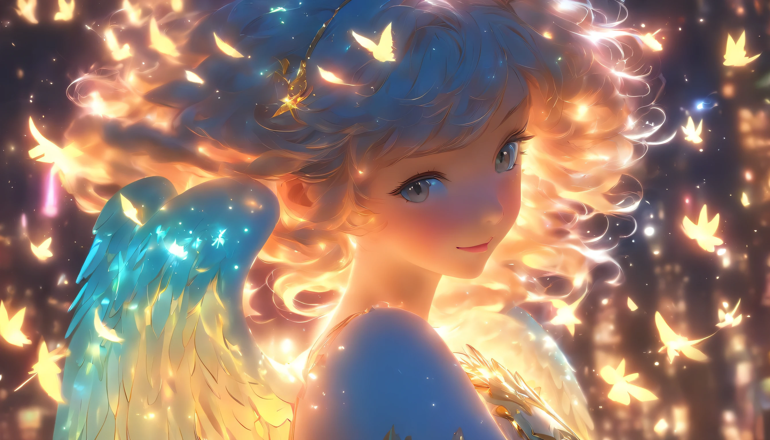 (delicate composition、Masterpiece、ultra-definition、Dense、top-quality、hight resolution)、Full body depiction、小柄、short stature、Long、、a beauty girl、Very cute、Gentle smile、Glittering golden hair、Glowing angel wings、A glowing overhead halo、Luminous body、nsfw