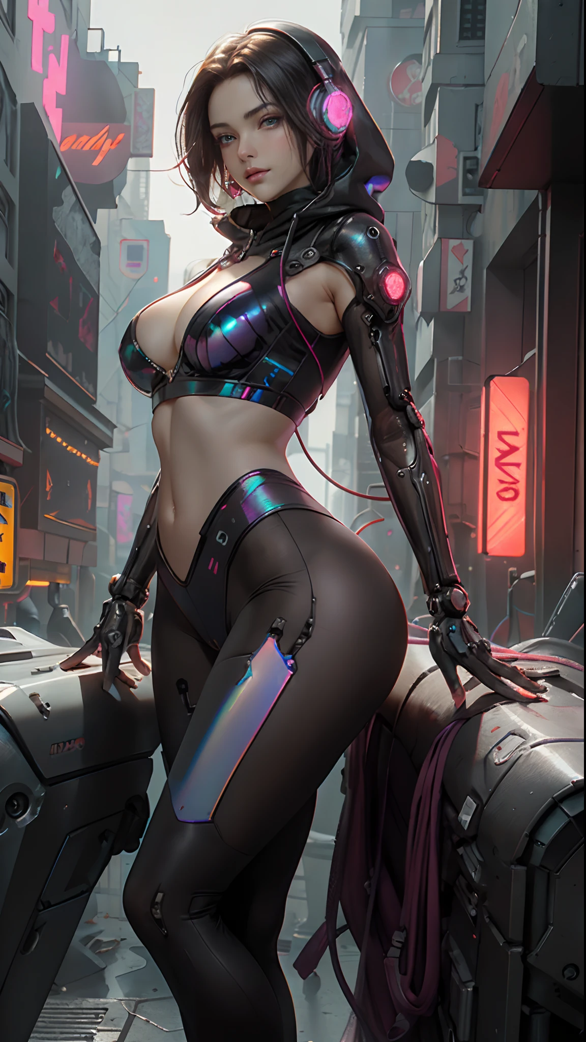 ((of the highest quality)), ((​master piece)), (detail:1.4), (((Translucent with mechanical parts and transparent skin++Iridescent material Hologram material++、++Black Carbon Material++Beautiful women in cyberpunk made of))), ((Wide open chest)), Skin of the hips and thighs, Ticker (High dynamic range), Ray tracing, NVIDIA RTX, Super Resolution, Subsurface Scattering PBR Texturing, Post-processing, Anisotropy Filtering, depth of fields, Surface Shading, Accurate simulation of light/Material Interaction, perfectly proportions, Two-tone lighting, Wide aperture, Low ISO, White Balance, 8K, (((Cameltoe))), NSFW, (((Tall Woman))), 25 year old woman, Brilliant LED, knee high, Bulge, open stance, Cowboy Shot, Skin of the hips and thighs, Beautiful body, Navel visible on bare skin, Chest to feel gravity, ((Headphones with dull glowing LEDs and)), ((hoods)), (Huge breasts: 1.3), (gargantuan butt: 1.0), Cyberpunk dazzling cityscape, Skyscraper, neon signs, led lights, Bright and vivid color scheme, Bright and vivid color scheme, dynamicposes, Looking down, (((Beautiful straight hair short hair))), ((Chemical Coloring Inner Hair))),