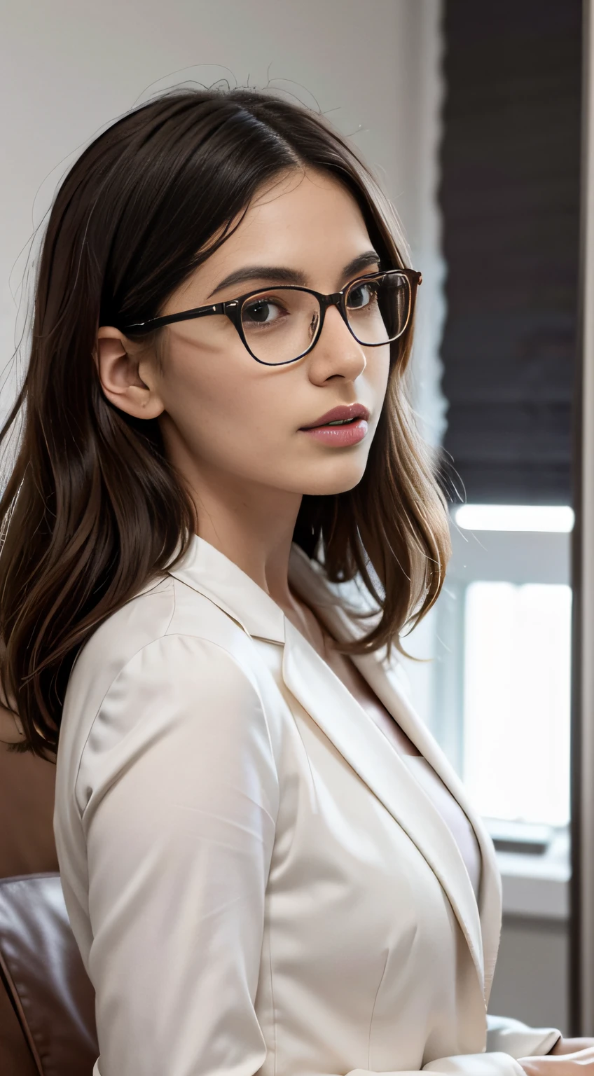 Imagine a modern, softly lit therapist's office. No primeiro plano, is a young psychologist, The embodiment of grace and sophistication. She is impeccably dressed in a tailored suit that enhances her confident posture. Her hair is neatly groomed, and a pair of stylish glasses rests delicately on his nose, Adding an Intellectual Touch to Your Appearance. Her eyes radiate understanding and warmth, Inviting trust and open communication. Ela segura um bloco de notas e caneta, Ready to annotate notes. Her posture is relaxed and attentive, inclinando-se ligeiramente para a frente, showcasing your active engagement and genuine interest. The environment around you is minimalist, with subtle tones and décor that further emphasize its elegance. The composition of the photograph puts it in the center, highlighting your presence, com uma profundidade de campo que desfoca suavemente o fundo. The style takes inspiration from Vogue's editorial photo shoots, Merging high fashion with genuine human emotion.