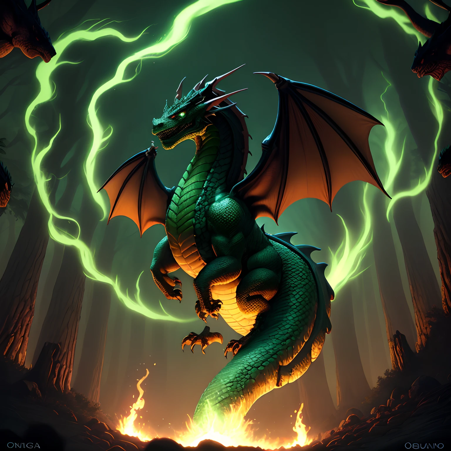 Dragon bueno, oscuro, boca de fuego, fondo de bosque verde