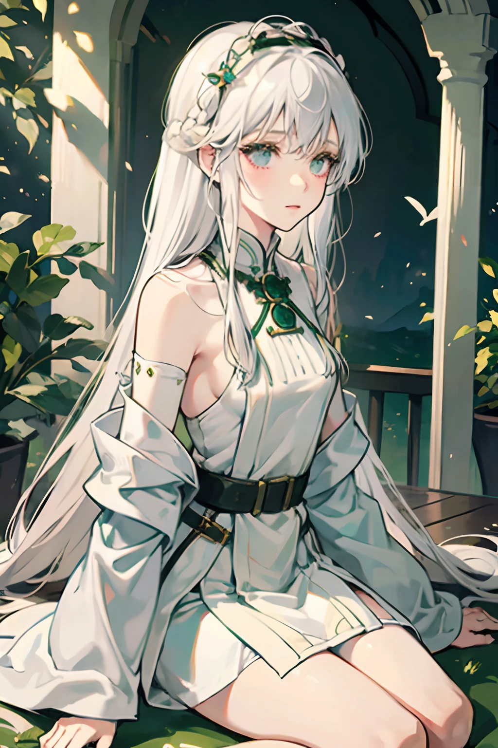 1girl, long white hair, neat bangs, greenish-grey eyes, shy, demure, slender, small breasts, cleric and priestess, fantasy