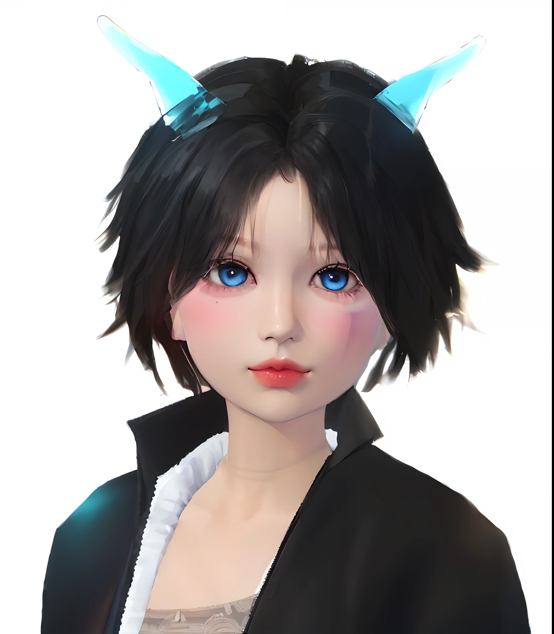 1girl, animal ears, bangs, black choker, black hair, blue eyes, blurry, cat ears, choker, closed mouth, collarbone, eyelashes, lips, long hair, looking at viewer, mole under mouth, portrait, simple background, solo,(masterpiece:1.4),(best quality:1.4),(shiny skin)