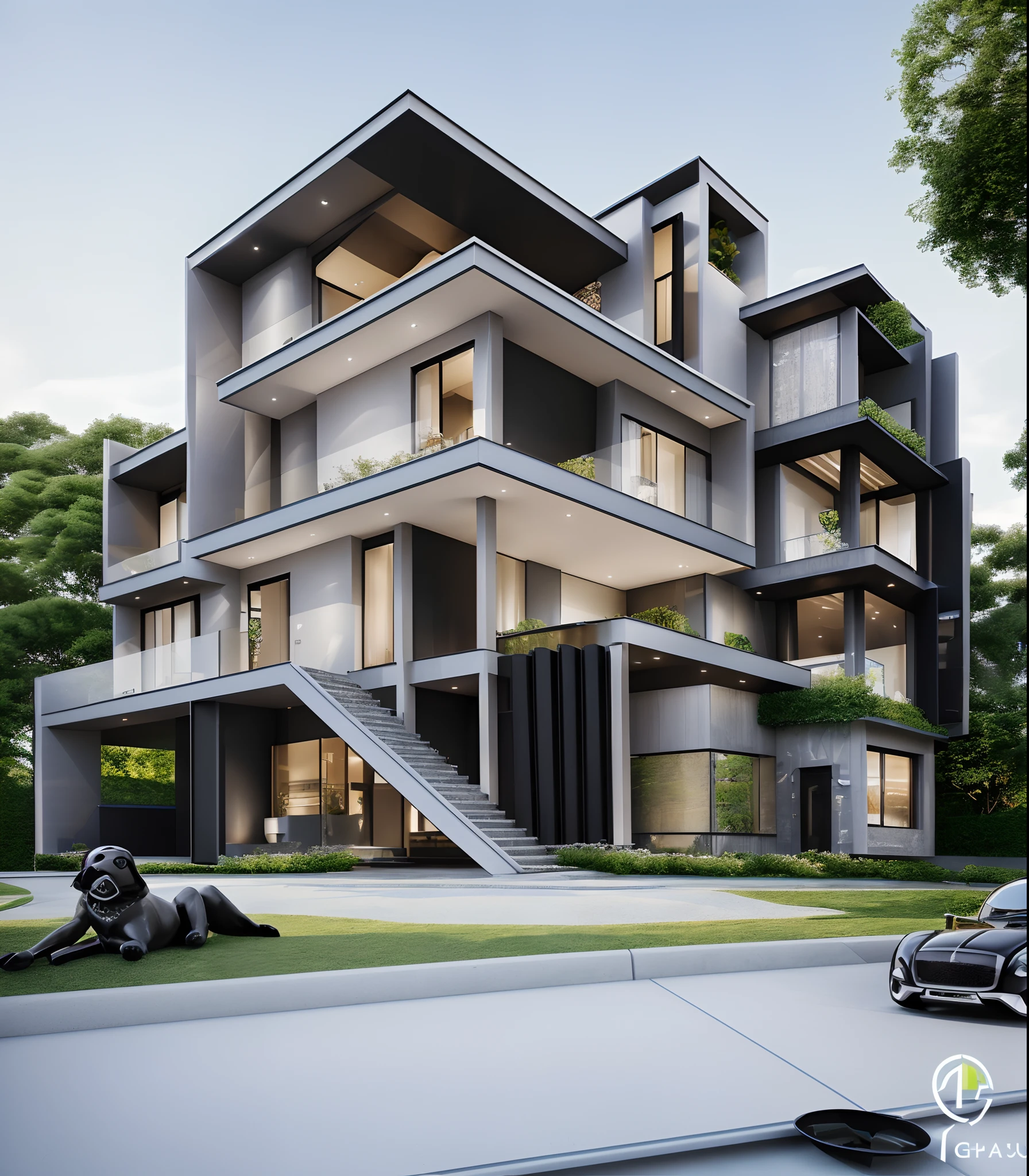 surreal images, high definition, 8k, details, modern, luxurious house, main materials ((the all door by aluminium of glass1.2)) gray brick  ,  garden, day light  blu sky , wooden, lighting wam white,  (((Black glass railing.)))