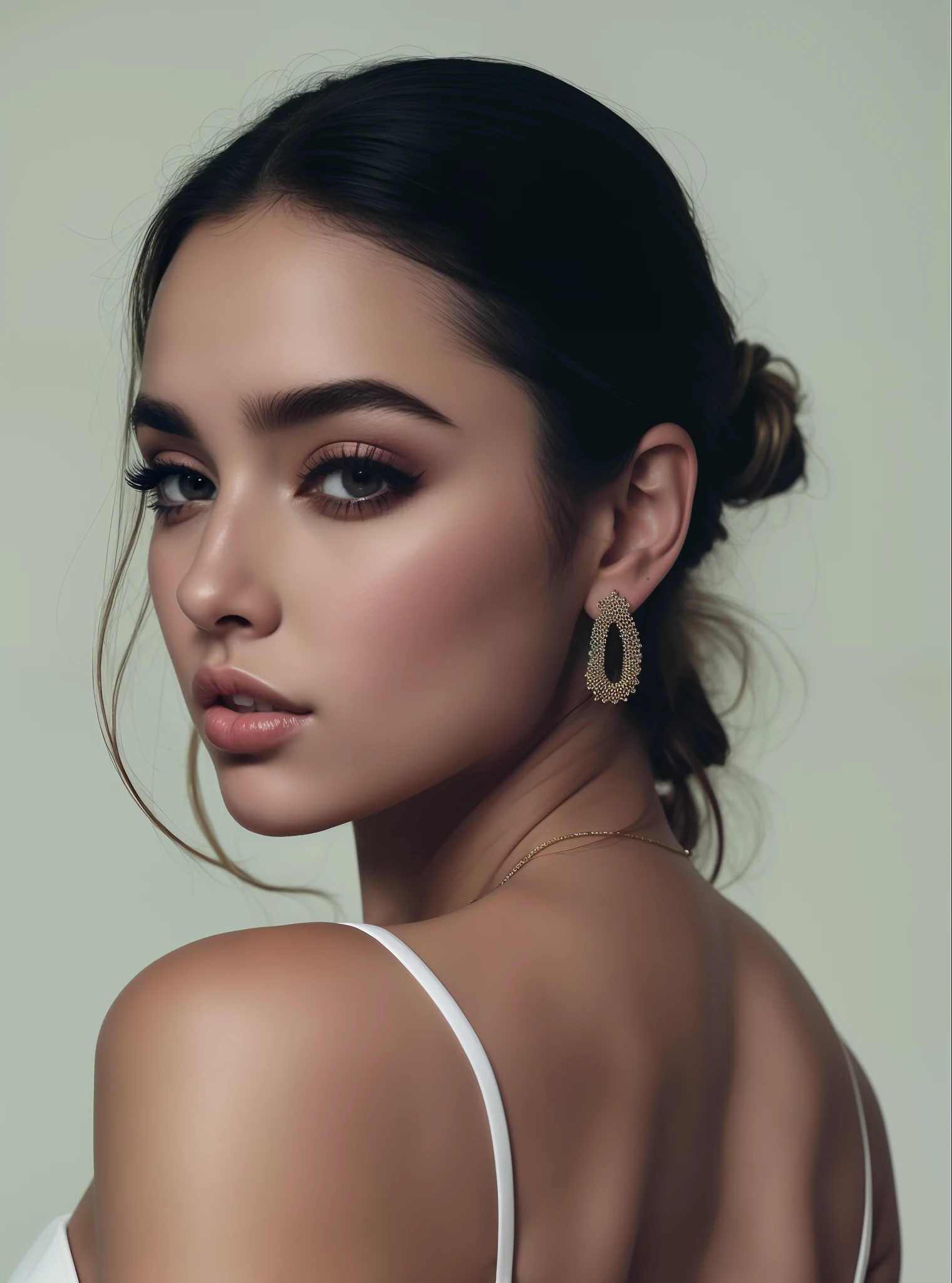 mulher arafed com um top branco e um colar e brincos, Retrato Sophie Mudd, Dua Lipa, Madison Beer Girl Retrato, flawless olive skin, Retrato editorial, Foto retrato suave 8 k, delicate soft hazy lighting, cerveja madison, luz suave do lado, Asher Duran, Modelo editorial, Retrato de Ana de Armas, fotografia editorial, Foto do perfil