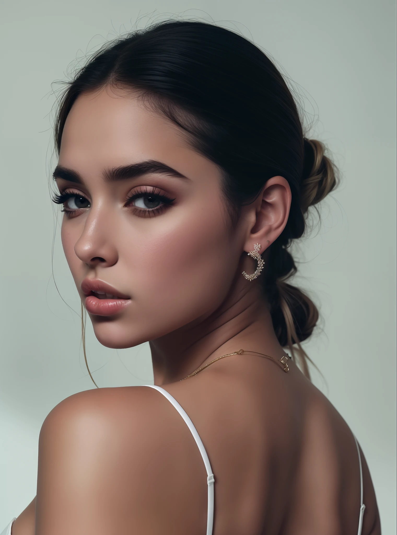 mulher arafed com um top branco e um colar e brincos, Retrato Sophie Mudd, Dua Lipa, Madison Beer Girl Retrato, flawless olive skin, Retrato editorial, Foto retrato suave 8 k, delicate soft hazy lighting, cerveja madison, luz suave do lado, Asher Duran, Modelo editorial, Retrato de Ana de Armas, fotografia editorial, Foto do perfil