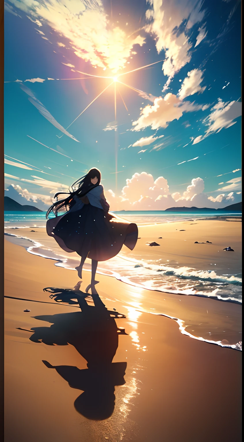 Best quality, masterpiece, very detailed, detailed background anime girl standing in the ocean, birds flying around, anime girl walking on water, anime beautiful peace scene