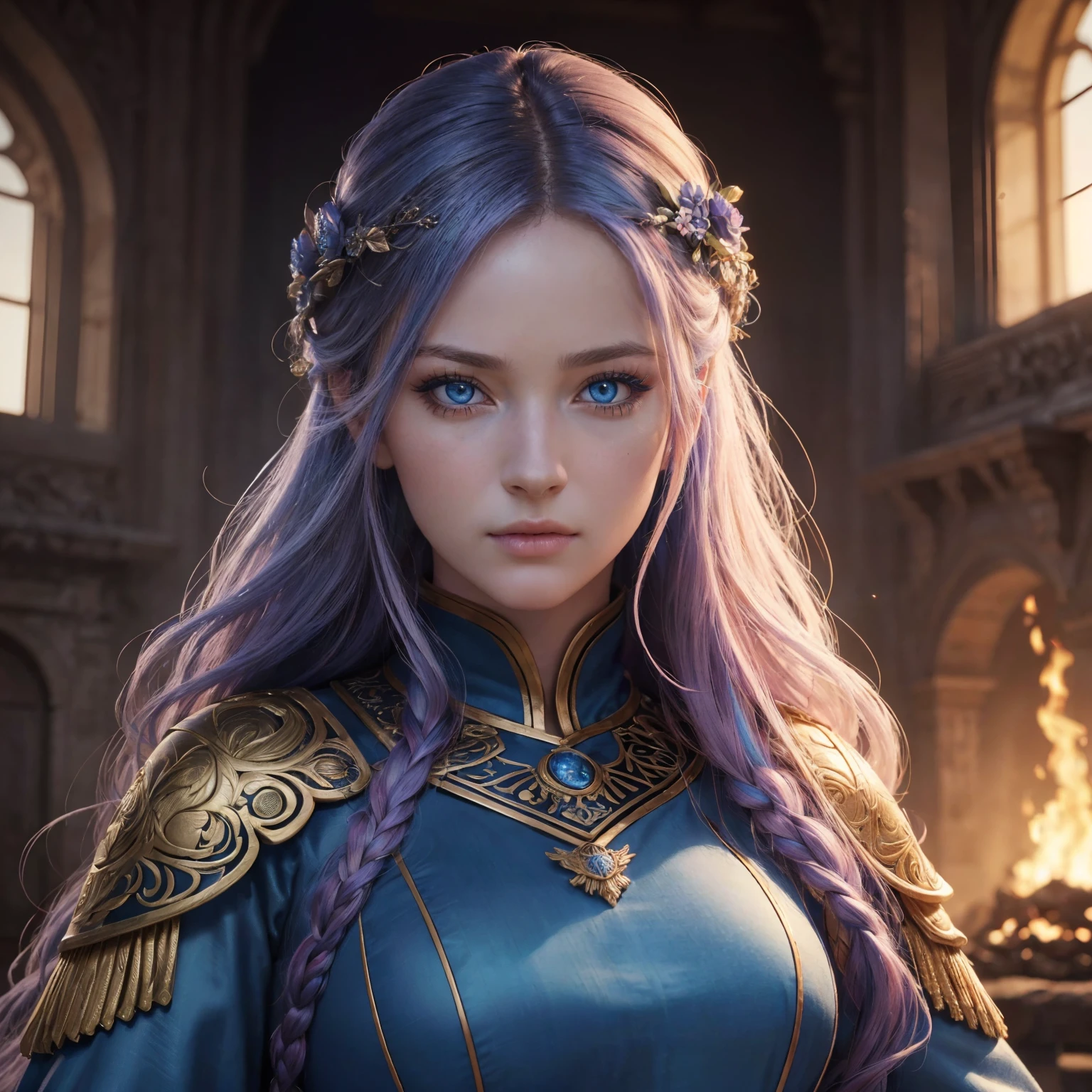 (best quality,4k,8k,highres,masterpiece:1.2),ultra-detailed,(realistic,photorealistic,photo-realistic:1.37),intricate clothing,flowy multi-colored hair,blue eyes,women representation of war, goddess of war and fire,female figure,beautiful detailed eyes,long eyelashes